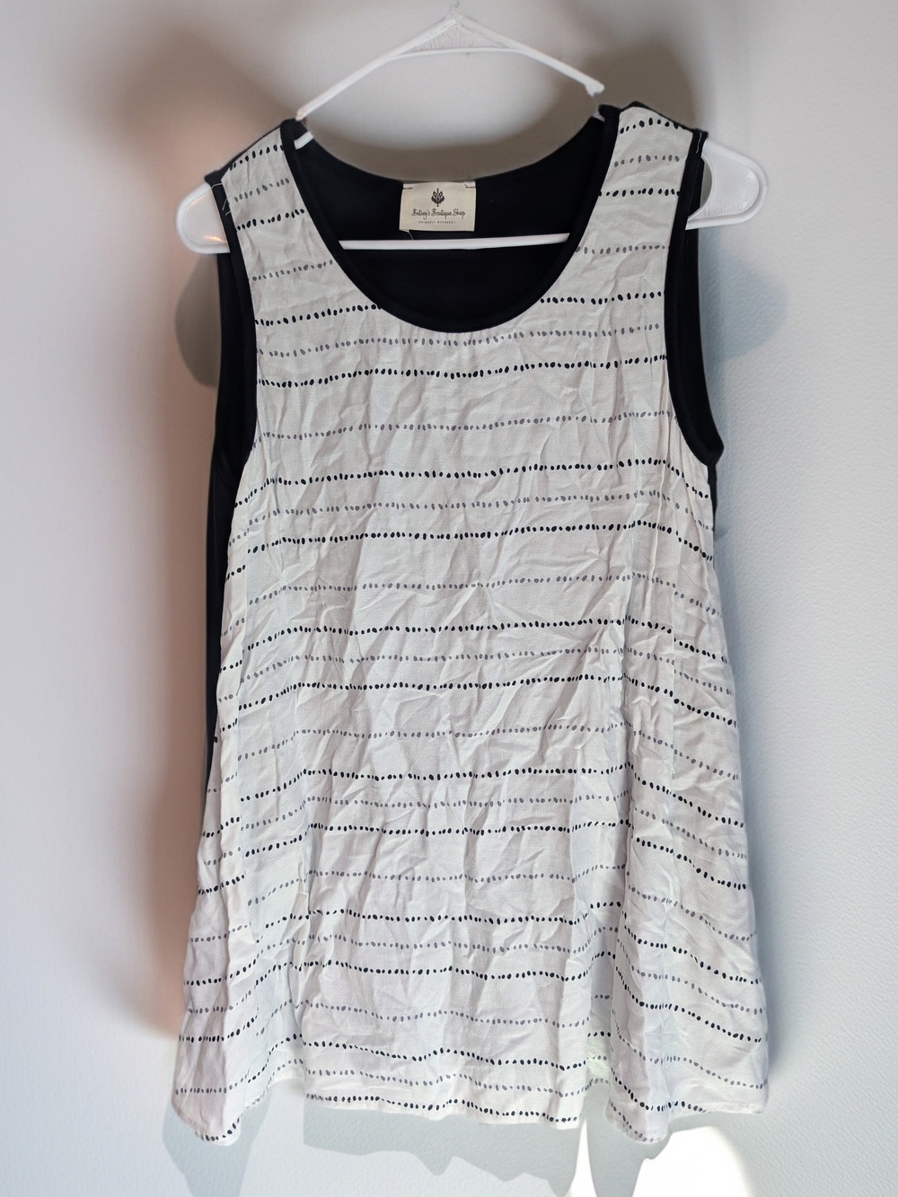 Betsey's Boutique White Tank Top with Black Back Panel and Dotted Stripes- S